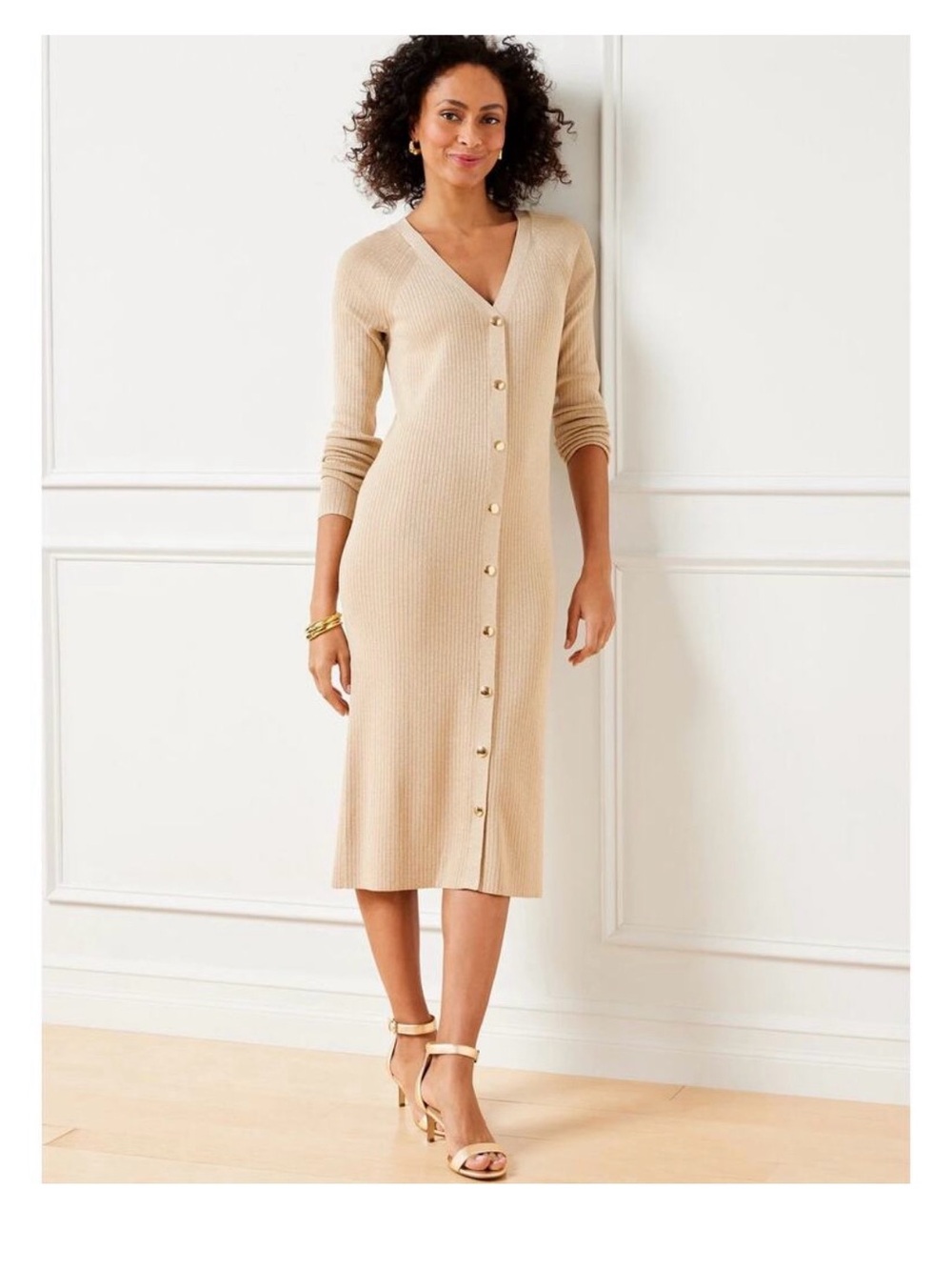 Talbots Long Button-Front Ribbed Dress in Taupe